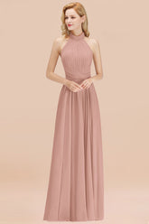 Gorgeous High-Neck Halter Backless Bridesmaid Dress Dusty Rose Chiffon Maid of Honor Dress